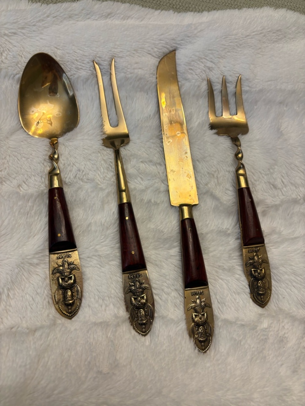 Four vintage Siam Buddah wood and brass serving set